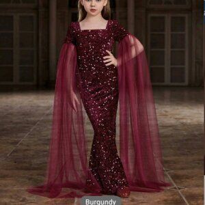 Stunning Burgundy Sparkly Sequin Gown for Tween Girls